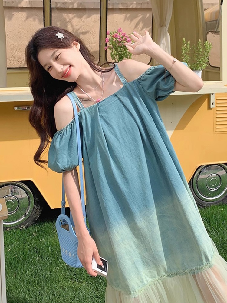그라데이션 쉬폰 원피스 데님 나시 어깨끈 오프숄더 휴양지 메쉬 하늘색 빅사이즈 3XL까지 - 상세 이미지 3