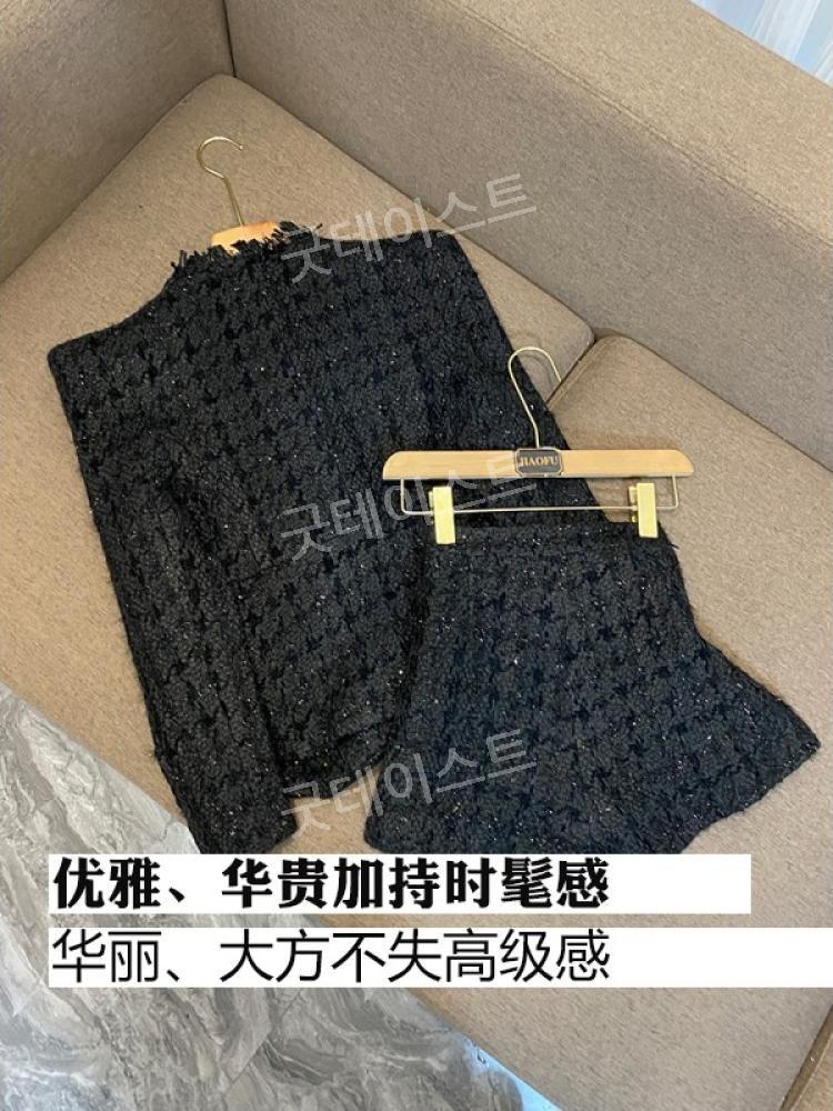 여성 가을 트위드 재킷 반바지 투피스 세트 하객룩 데이트룩 블랙  프리미엄 에디션 S - 상세 이미지 4