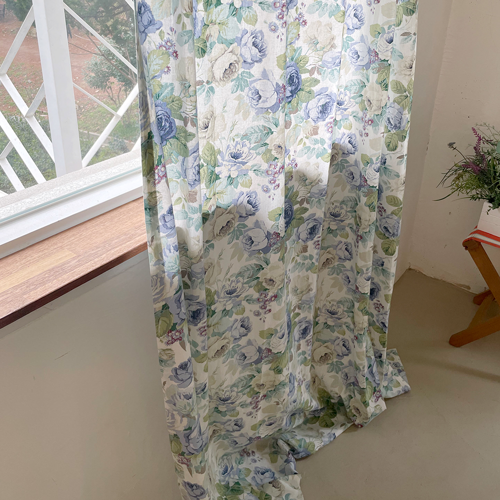 로제 꽃무늬 레트로 빈티지 맞춤 제작 린넨커튼 블루