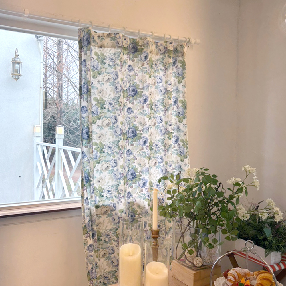 로제 꽃무늬 레트로 빈티지 맞춤 제작 린넨커튼 블루