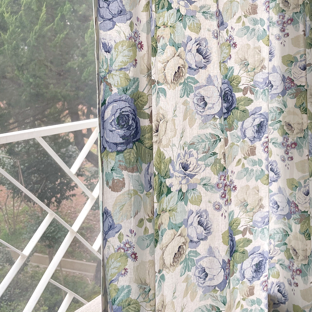 로제 꽃무늬 레트로 빈티지 맞춤 제작 린넨커튼 블루