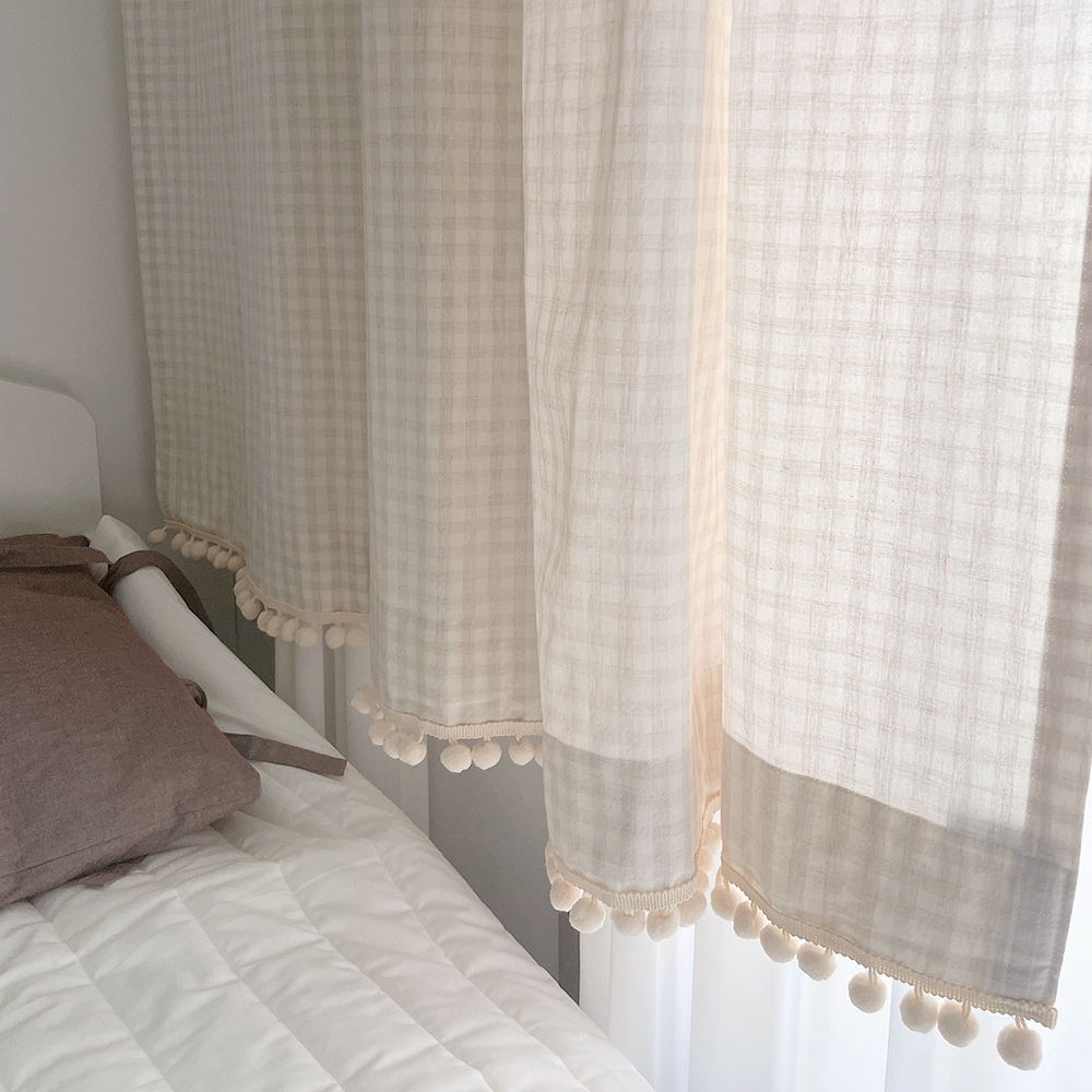 바이아미 멜란 체크 폼폼 커튼-오트밀 아이방 여아 남아