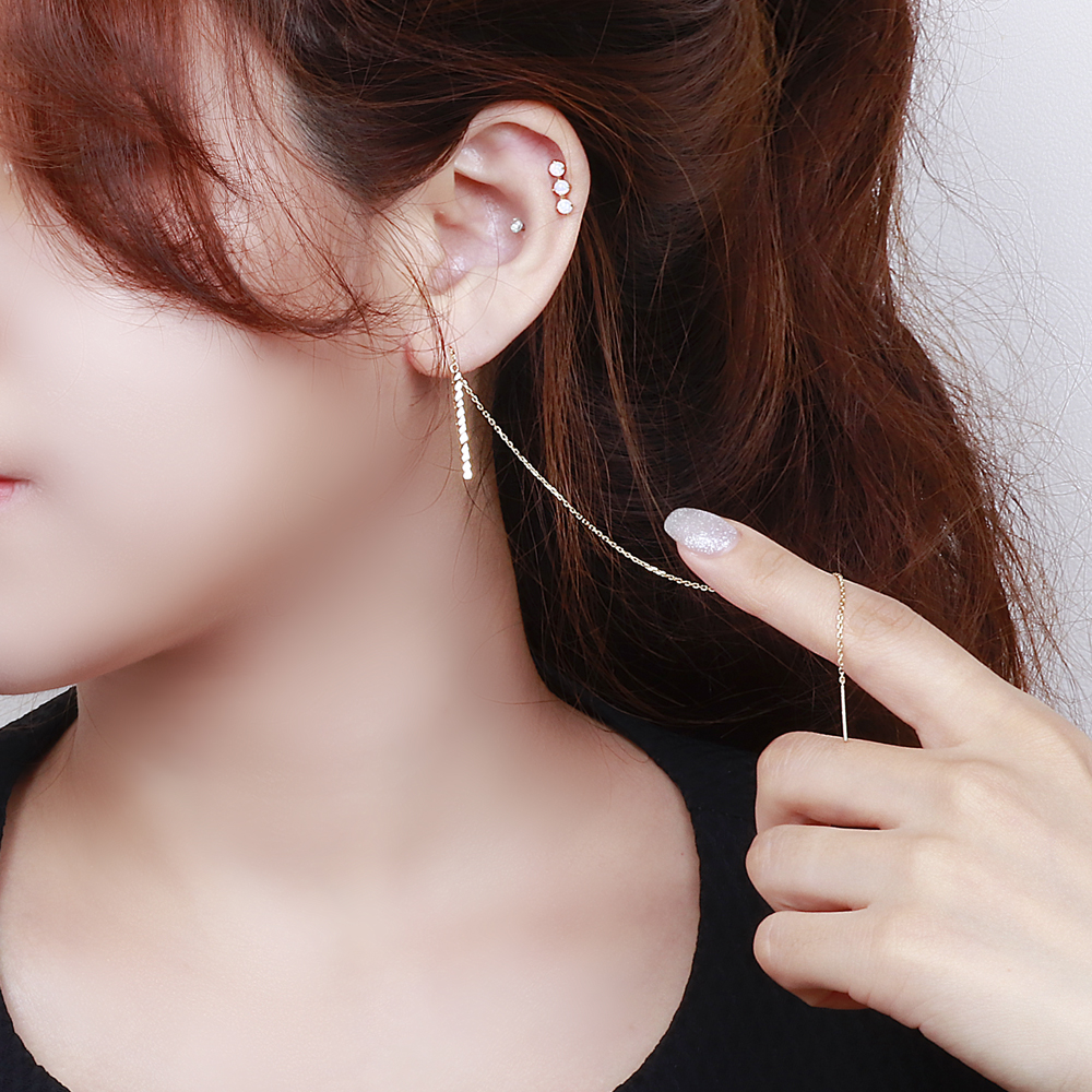 14K 롱 체인 드롭 스틱 귀걸이 18K 관통형 실 줄 금침 이미지 8