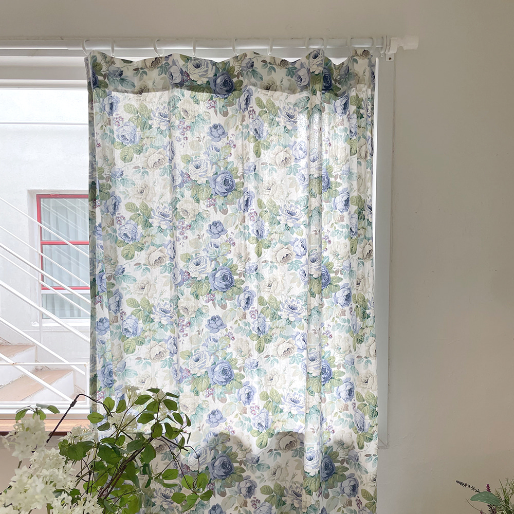 로제 꽃무늬 레트로 빈티지 맞춤 제작 린넨커튼 블루