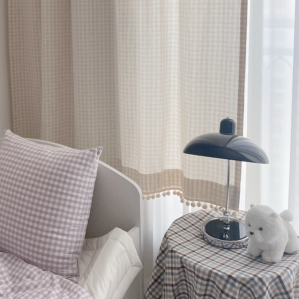 멜란 체크 폼폼 커튼-오트밀 아이방 여아 남아 핀커튼 봄 여름 가을 커튼