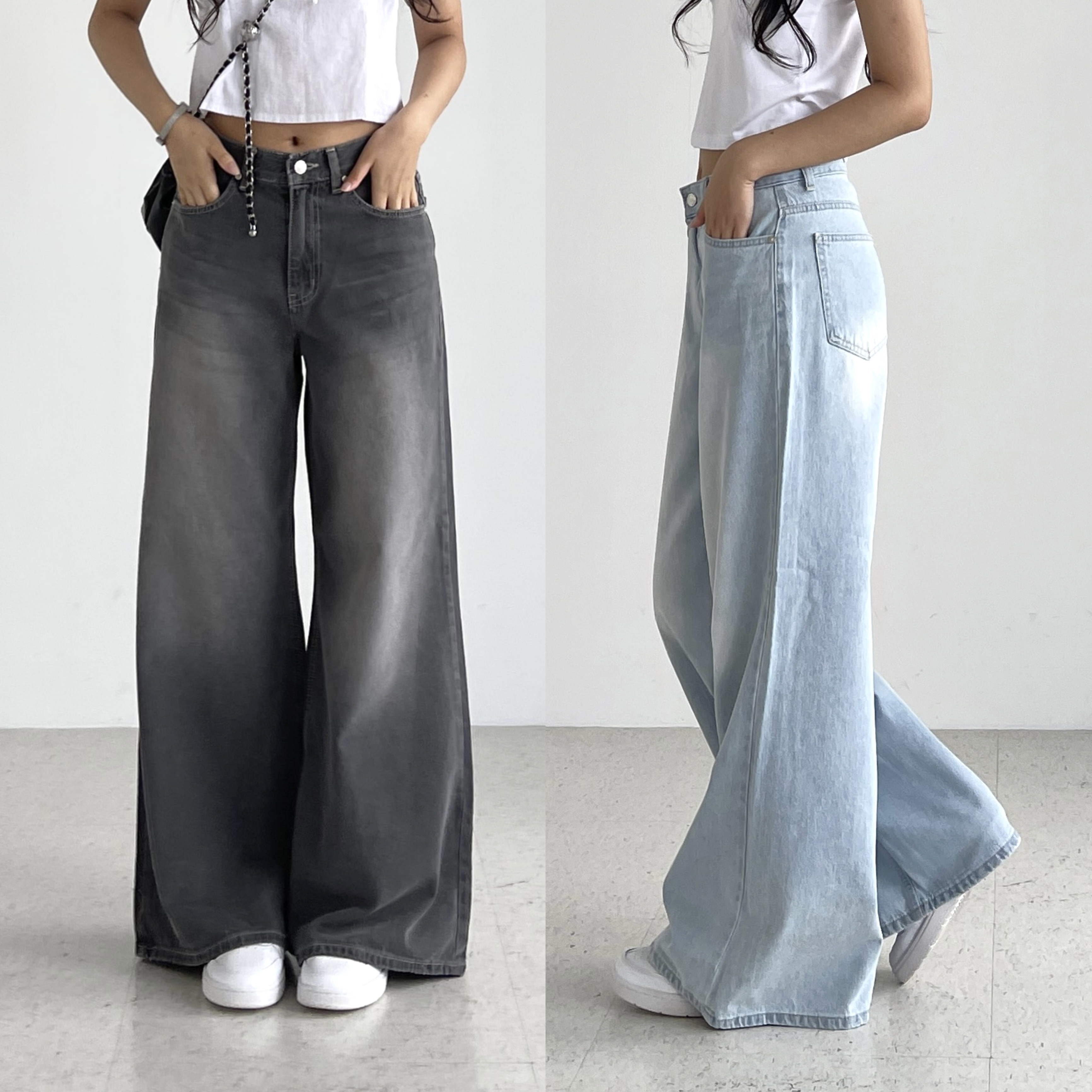와이드 청바지 연청바지 흑청 그레이진 여성 하이웨스트 부츠컷 빈티지워싱 여자 통 데님팬츠