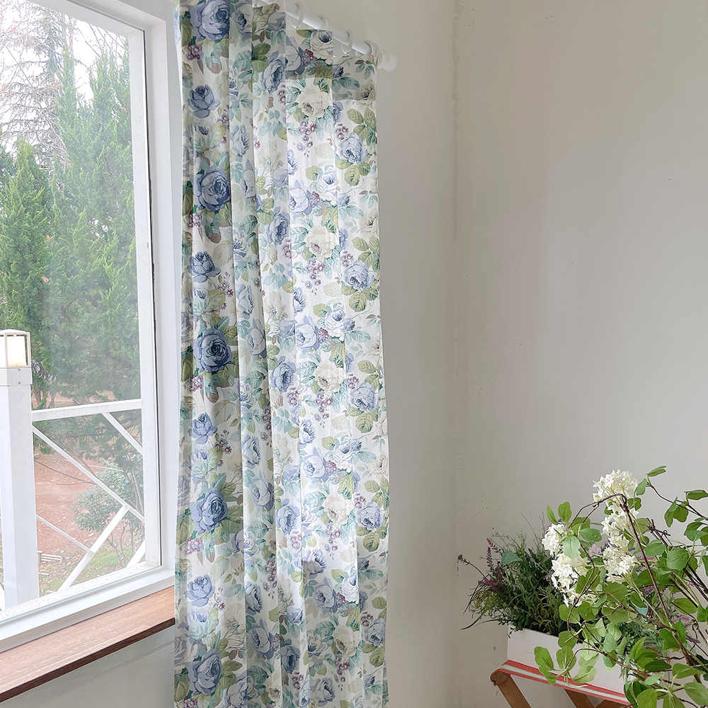 로제 꽃무늬 레트로 빈티지 맞춤 제작 린넨커튼 블루