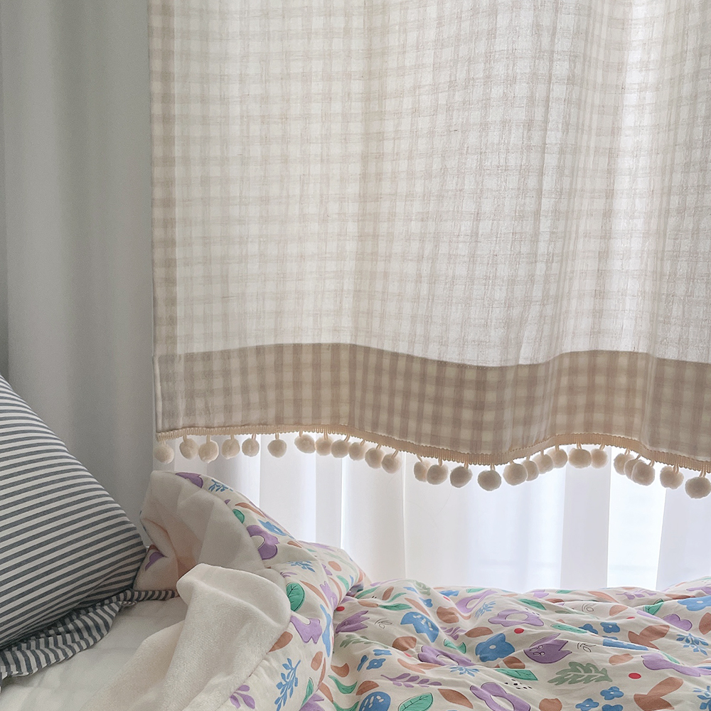 바이아미 멜란 체크 폼폼 커튼-오트밀 아이방 여아 남아