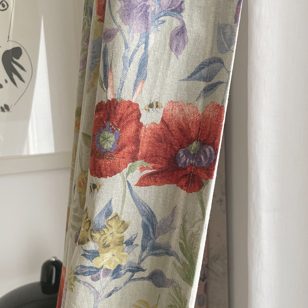 바이아미 어텀 꽃무늬 빈티지 린넨 거실 커튼 민트