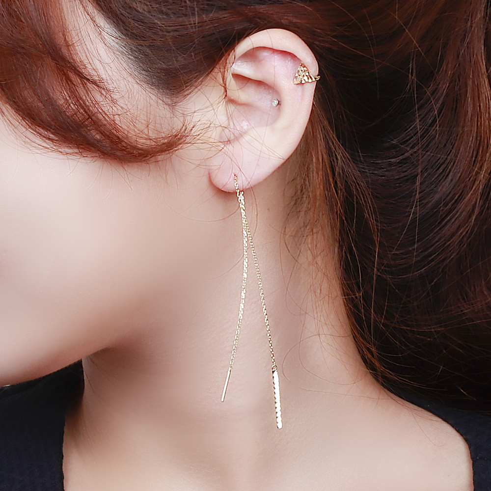 14K 롱 체인 드롭 스틱 귀걸이 18K 관통형 실 줄 금침 이미지 6