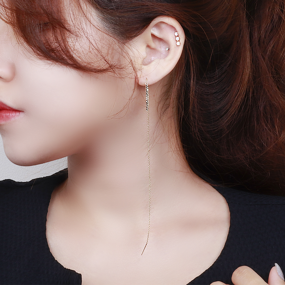 14K 롱 체인 드롭 스틱 귀걸이 18K 관통형 실 줄 금침 이미지 7