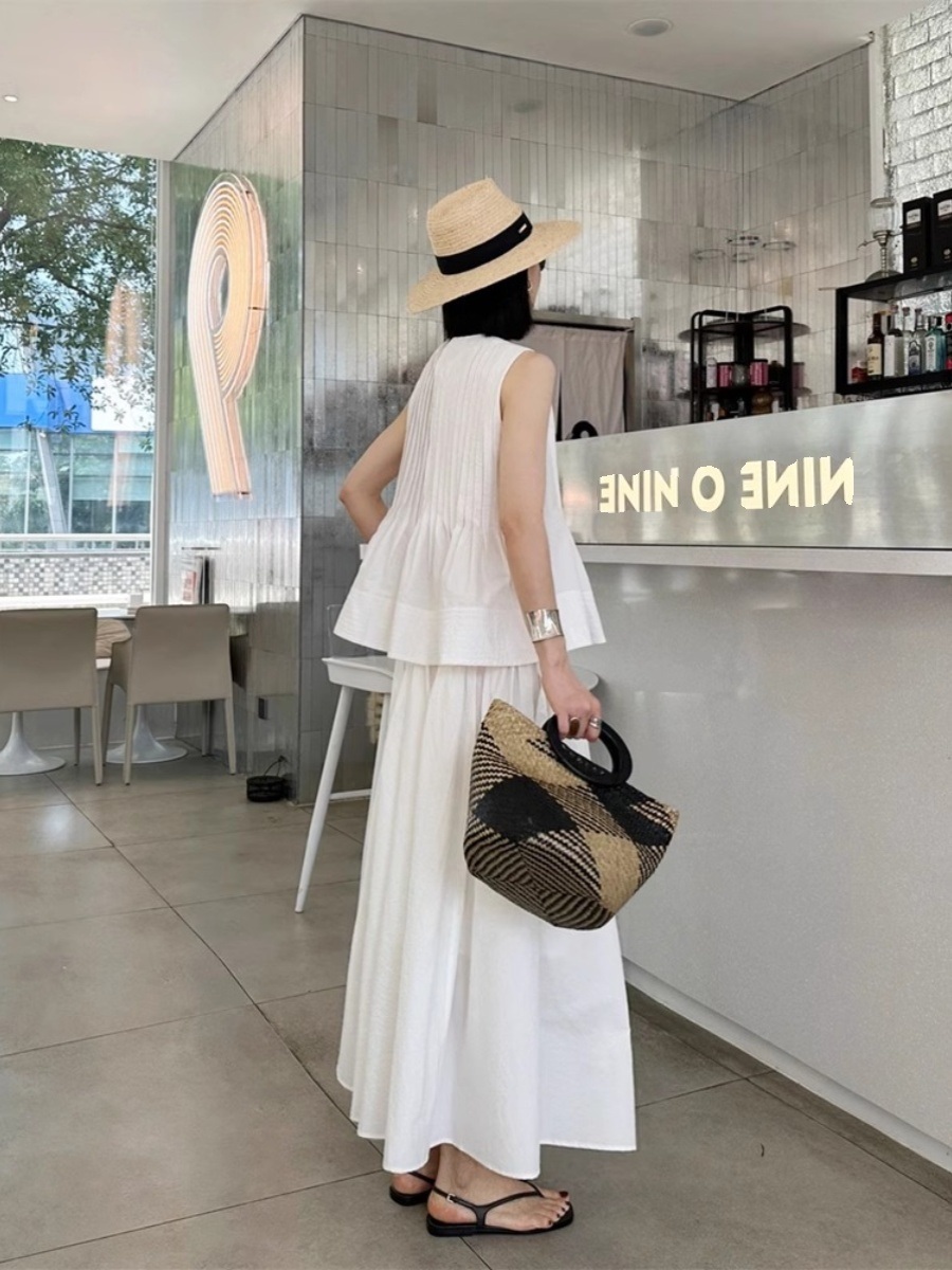 민소매나시 플레어스커트 투피스세트 플리츠 밴딩 코디 화이트 시원한 청순룩 여름 - 상세 이미지 3