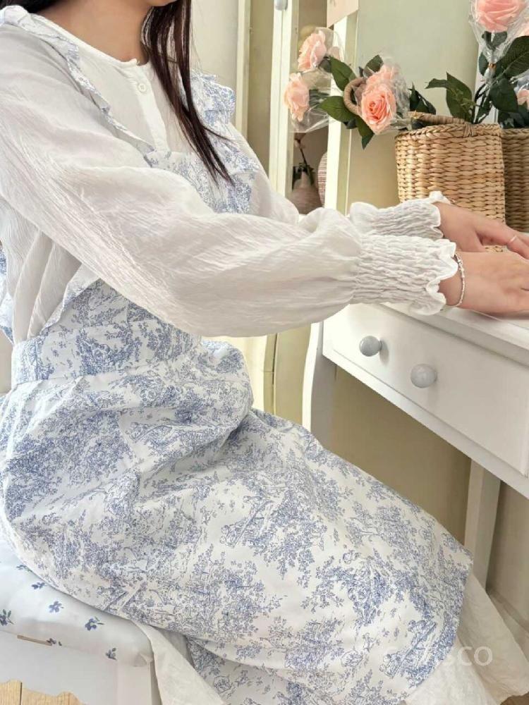 원피스 앞치마 생활방수 주방 유치원 롱 까페 플레어 플라워프린트 뚜왈 - 상세 이미지 3