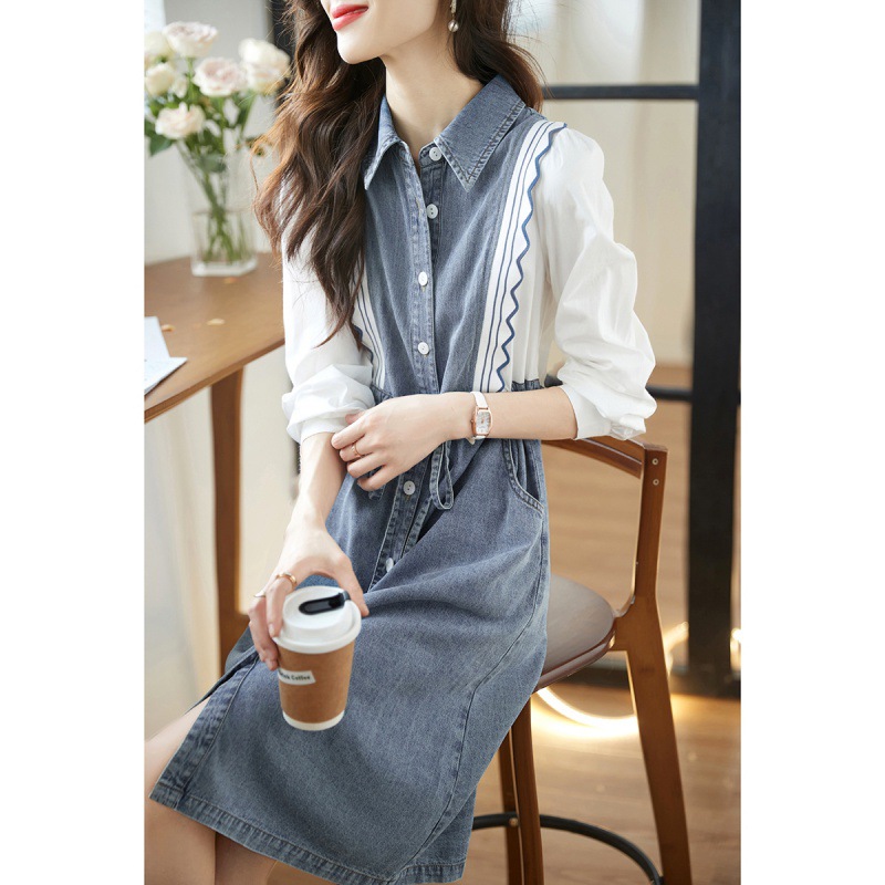 레이어드룩 허리스트링 블라우스 데님 청원피스