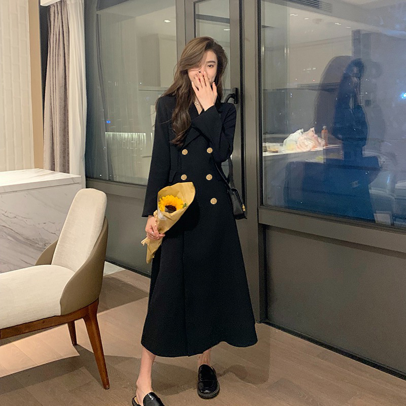 66 77 봄 가을 테일러카라 블랙 더블버튼 롱원피스 결혼식 하객 중요한자리룩