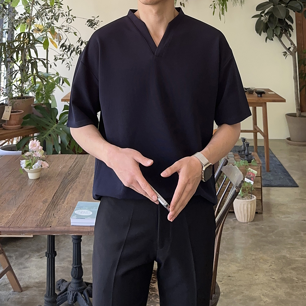 헨리넥 반팔 빅사이즈 오버핏 헨리넥 차이나카라 남자 반팔티 - 상세 이미지 4
