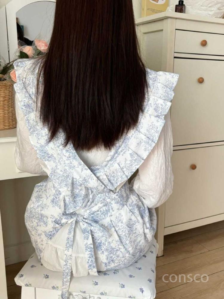 원피스 앞치마 생활방수 주방 유치원 롱 까페 플레어 플라워프린트 뚜왈 - 상세 이미지 4