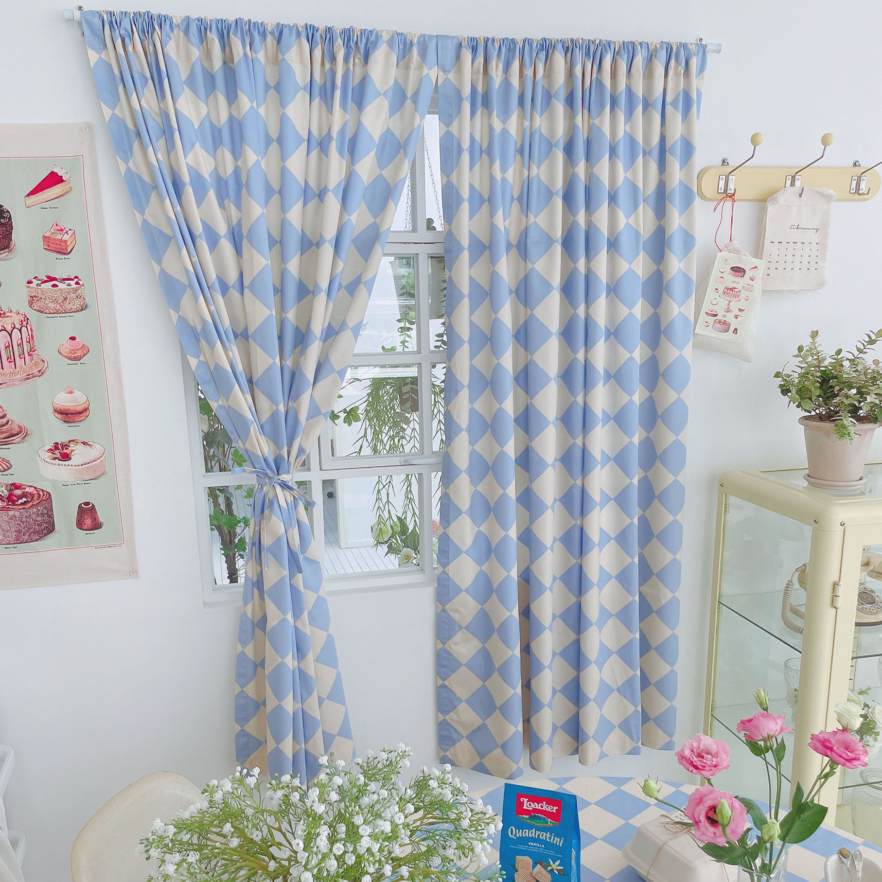 코코 체커보드 블루 면 아이방 주방 베란다 창문 방문 가림막 커튼 120cm이하