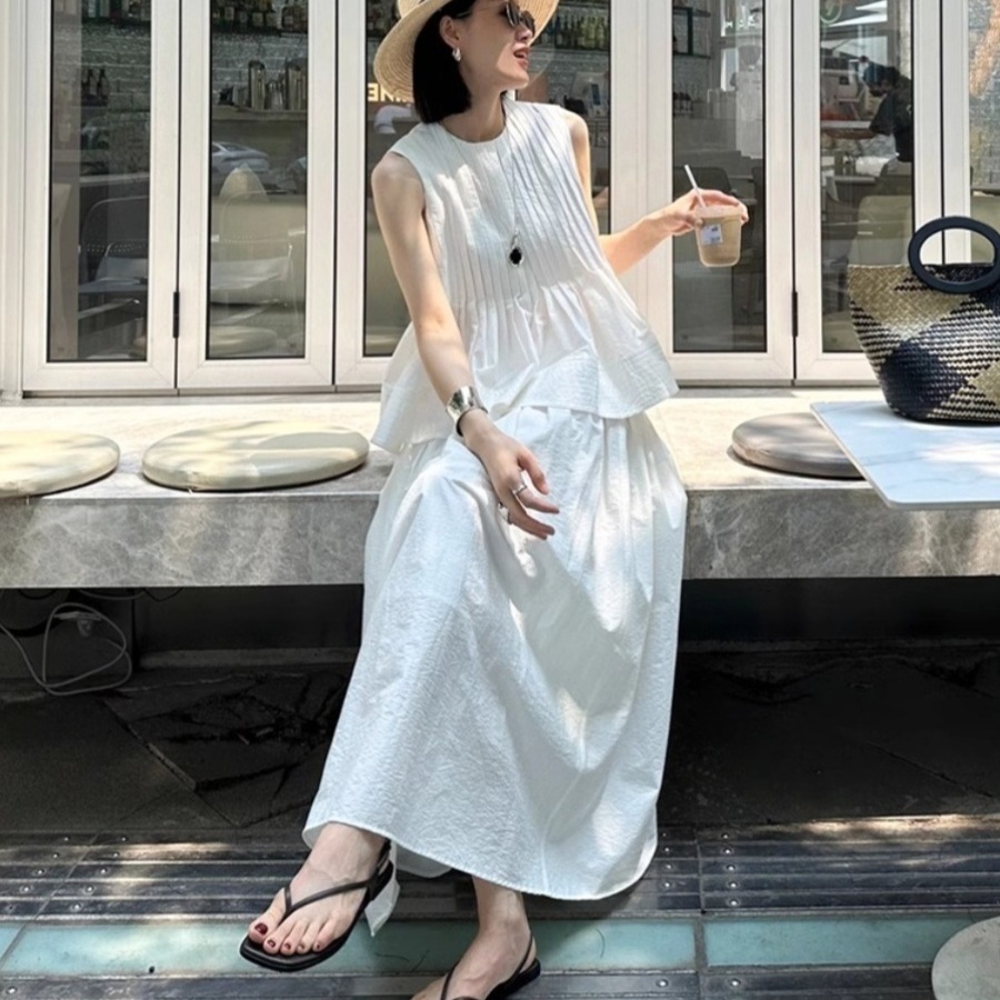 민소매나시 플레어스커트 투피스세트 플리츠 밴딩 코디 화이트 시원한 청순룩 여름 - 상품 이미지