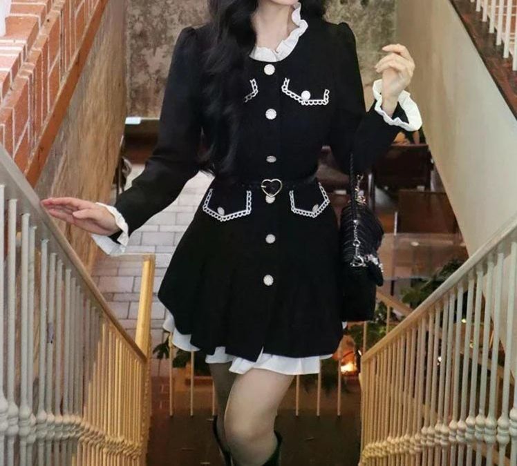 여친룩 데이트룩 미니 원피스 여성 긴 소매 우아한 짧은 파티 벨트 캐주얼 블랙 S - 상세 이미지 4