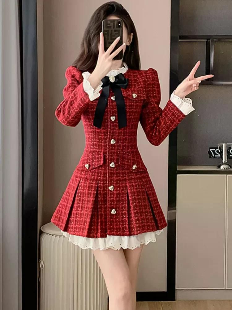 프렌치 라이트 럭셔리 트위드 플리츠 원피스 긴팔 하트 모양 버클 프릴 시크한 오피스 레이디 빈티지 드레스 한국 스위트 Red S - 상세 이미지 5