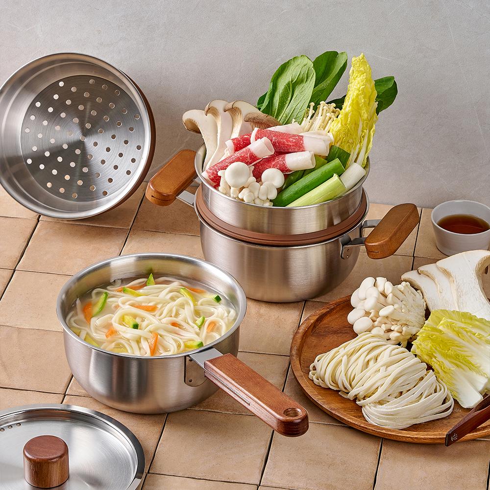 에비히슈테른 레카 우드핸들 스텐 통삼중 만두 떡 찜기 찜솥 미니 찜냄비 16양수
