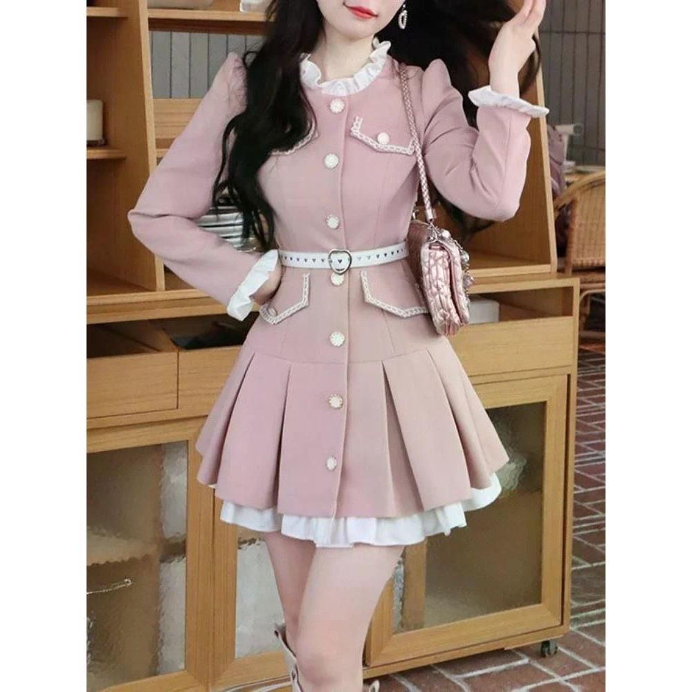 여친룩 데이트룩 미니 원피스 여성 긴 소매 우아한 짧은 파티 벨트 캐주얼 블랙 S - 상품 이미지
