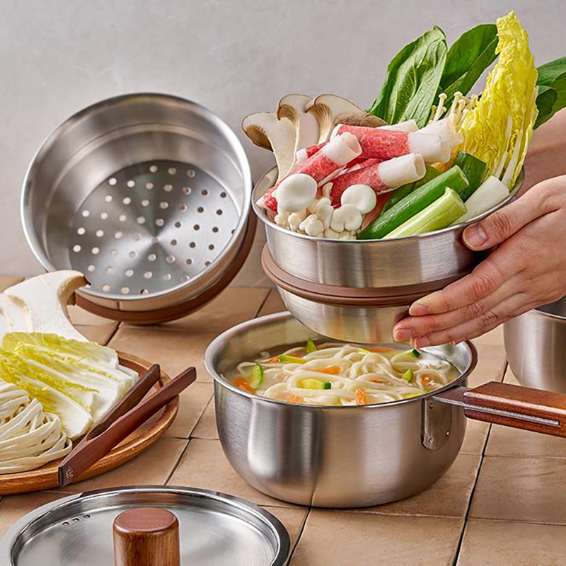 에비히슈테른 레카 우드핸들 스텐 통삼중 만두 떡 찜기 찜솥 미니 찜냄비 16양수