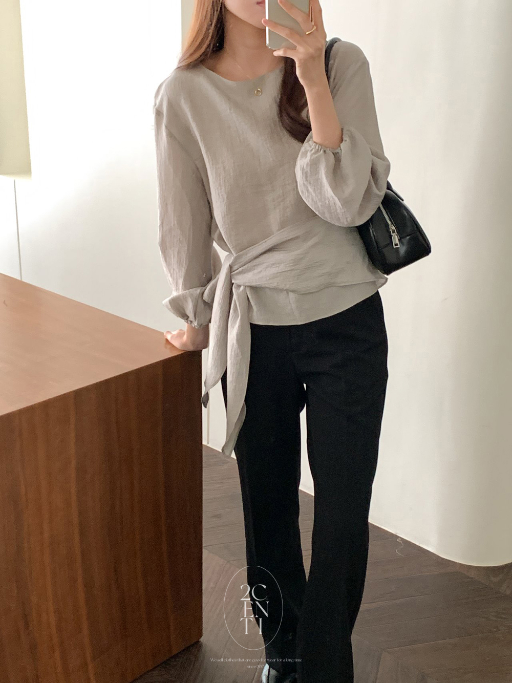허슬 리본 랩블라우스 (3color) 하객 리본 무지 하객룩 블라우스 이미지 7