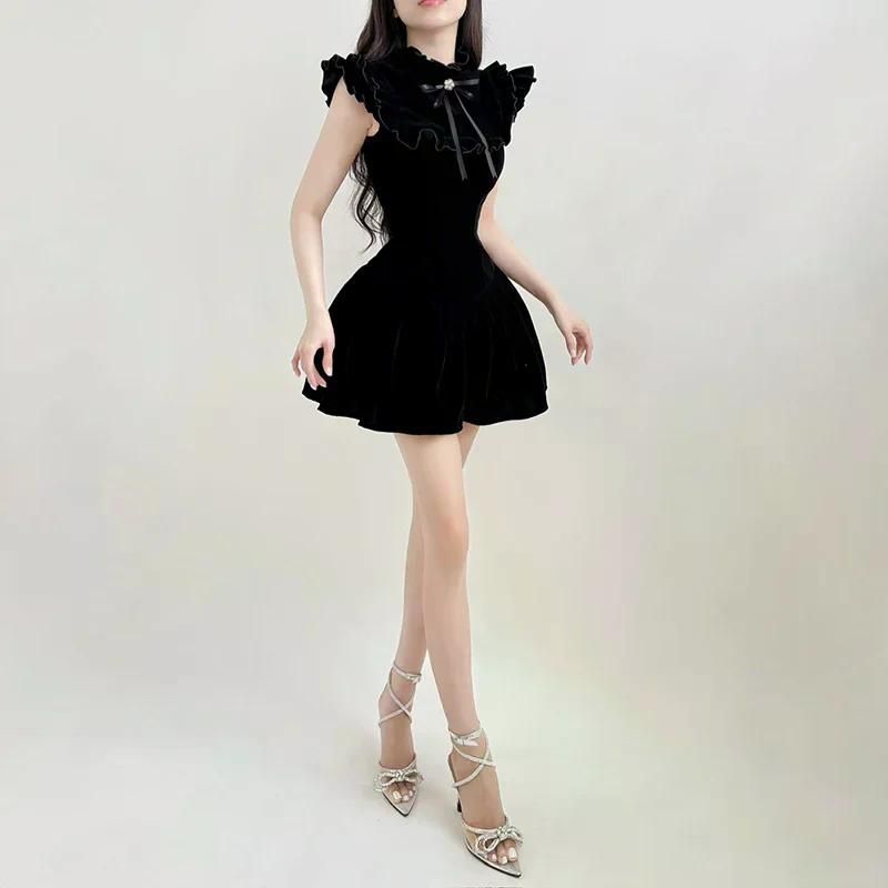 여친룩 여성용 우아한 벨벳 블랙 미니 드레스 민소매 A라인 한국 패션 생일 파티 코케트 섹시한 볼룸 원피스 Black M - 상세 이미지 4