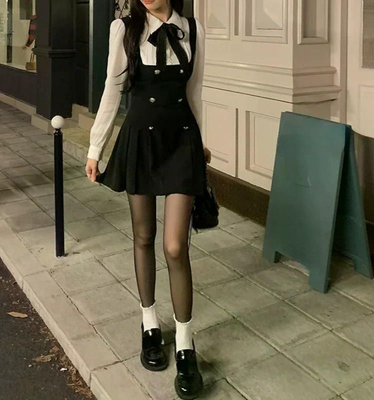 여친룩 데이트룩 긴 소매 리본 슬림 드레스 캐주얼 미니 짧은 파티 페이크 투피스 우아한 Mini dress S