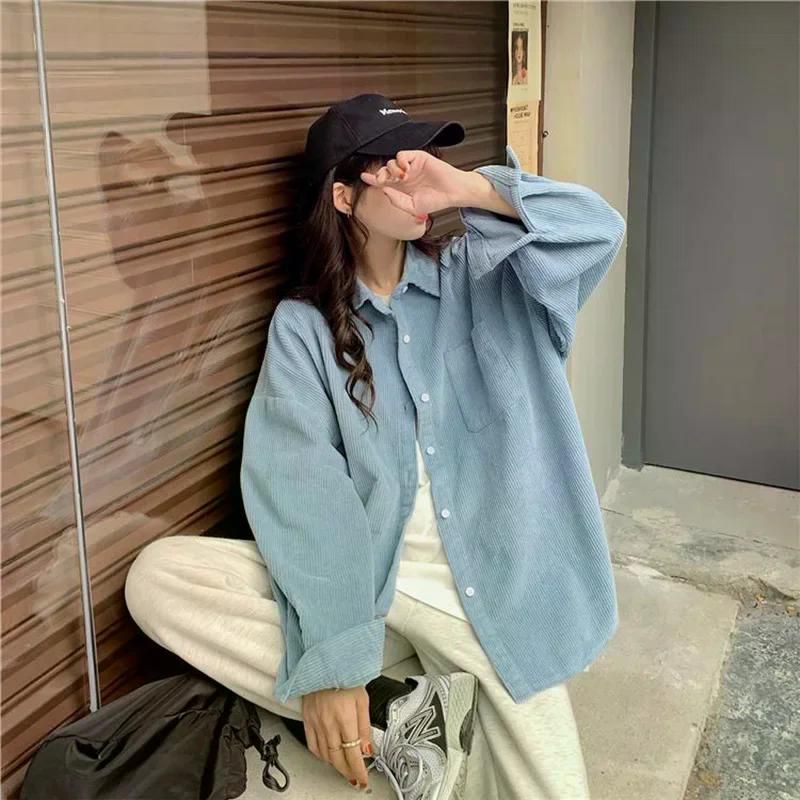 여친룩 여성용 캐주얼 통근 루즈 코듀로이 셔츠 긴팔 트렌디 다용도 가을 신상 파란 S - 메인 이미지
