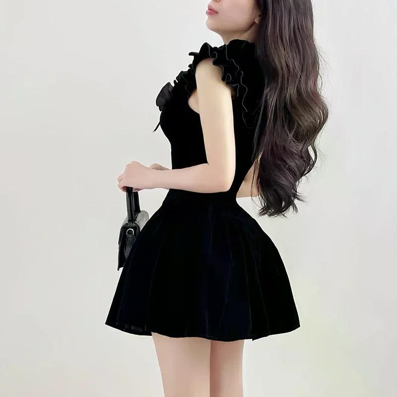 여친룩 여성용 우아한 벨벳 블랙 미니 드레스 민소매 A라인 한국 패션 생일 파티 코케트 섹시한 볼룸 원피스 Black M - 상세 이미지 2