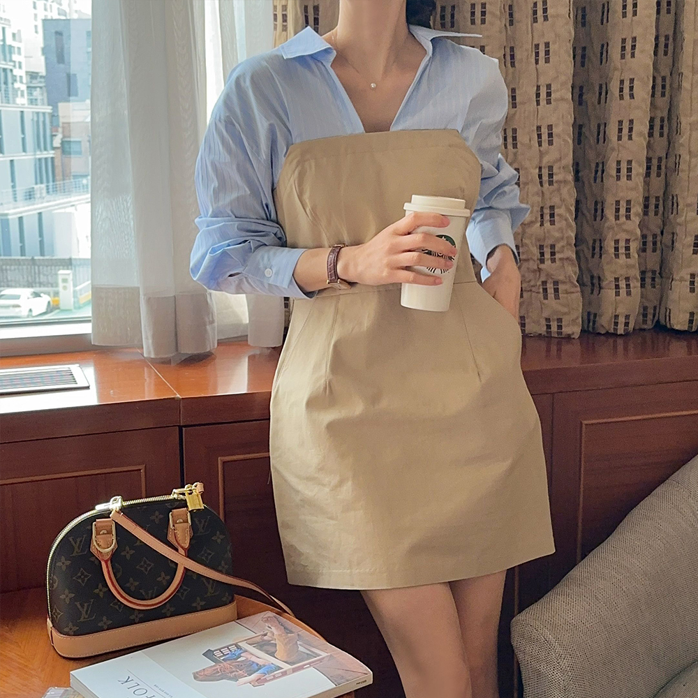 셔츠형 하객 미니 원피스 배색 h라인원피스 결혼식 하객룩