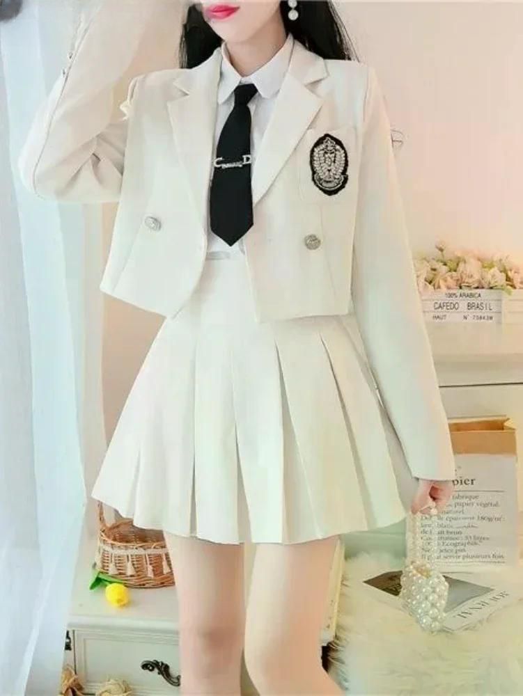 여친룩 데이트룩 여성용 교복 투피스 세트 긴팔 정장 재킷 플리츠 스커트 우아한 드레스 신상 White S 이미지 6