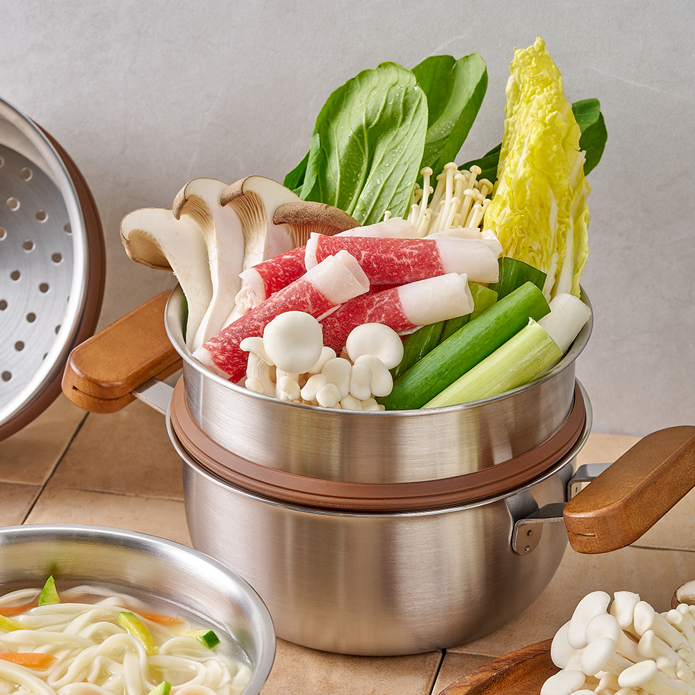 에비히슈테른 레카 우드핸들 스텐 통삼중 만두 떡 찜기 찜솥 미니 찜냄비 16양수