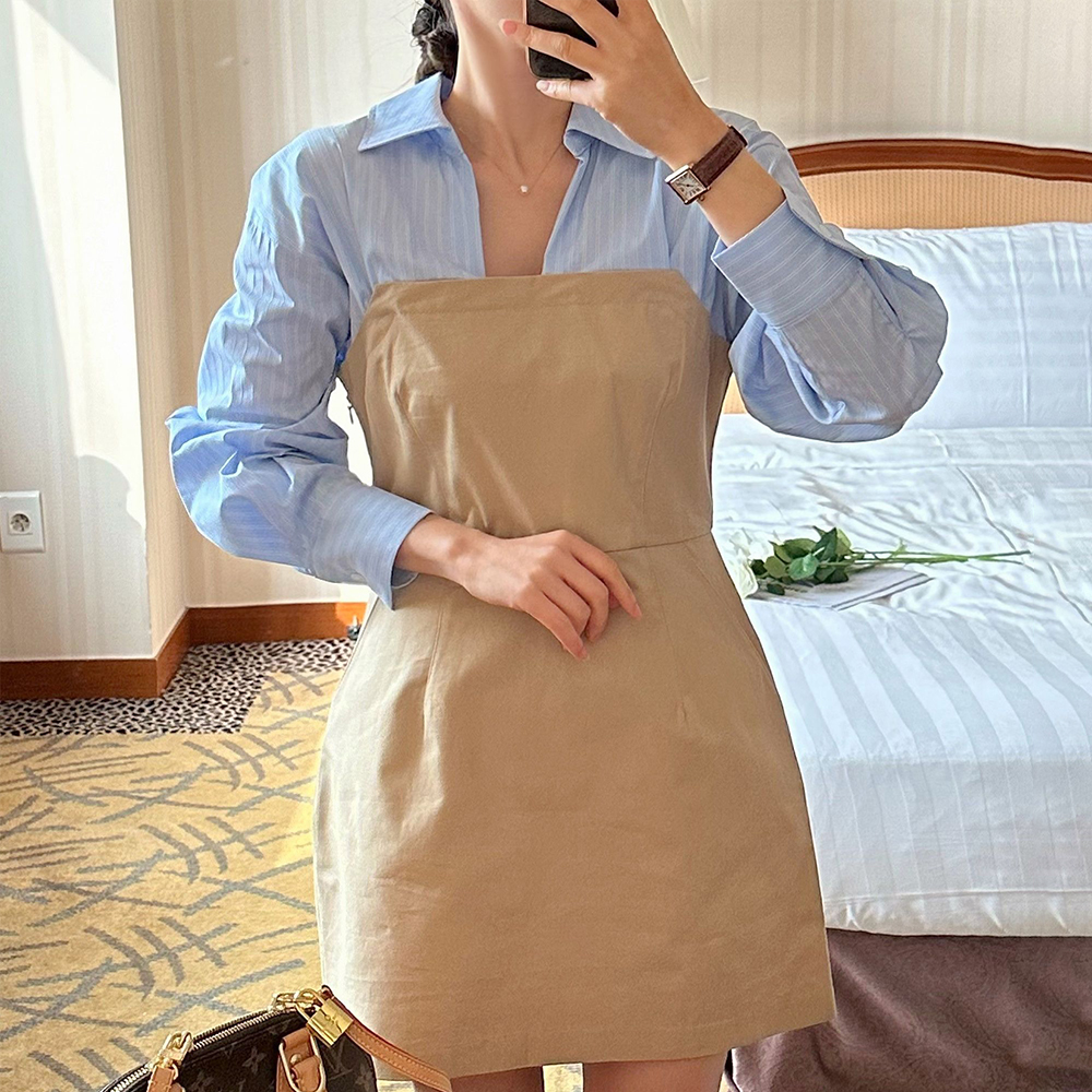 셔츠형 하객 미니 원피스 배색 h라인원피스 결혼식 하객룩