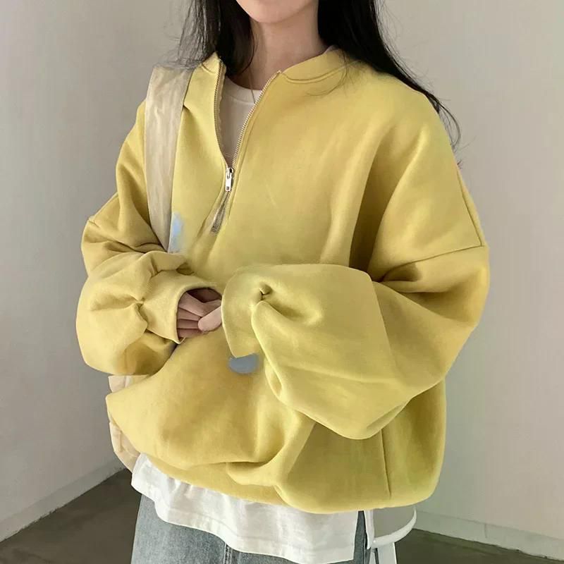 여친룩 데이트룩 가을 세련된 스탠드 칼라 컬러 느슨한 긴 소매 스웨터 여성 유행 캐주얼웨어 Yellow All yards - 메인 이미지