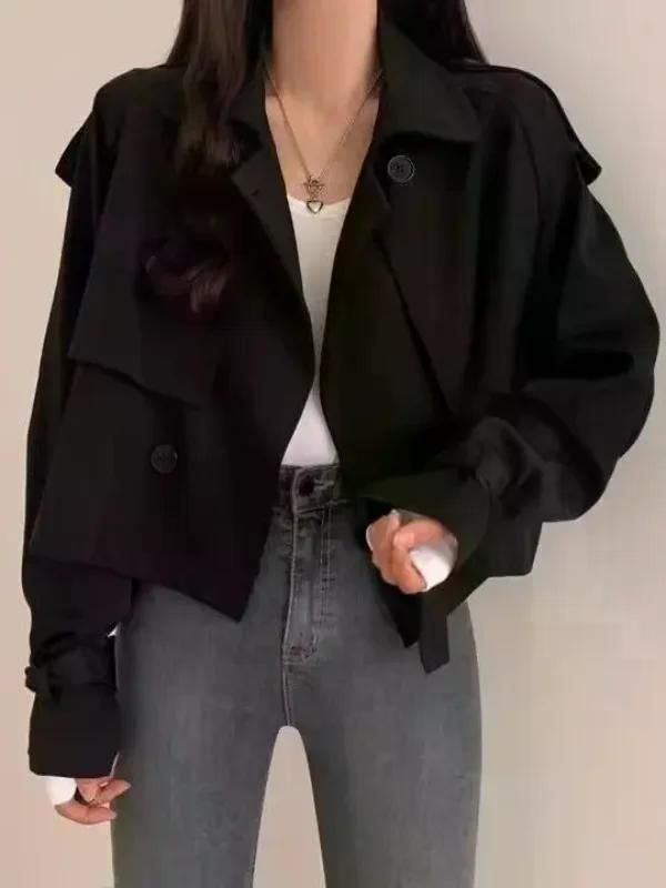 여친룩 데이트룩 웨스턴 짧은 트렌치 코트 이른 가을 겉옷 여성 확대 작은 느슨한 슬리밍 탑 블랙 S (49.5kg 미만) - 상세 이미지 3