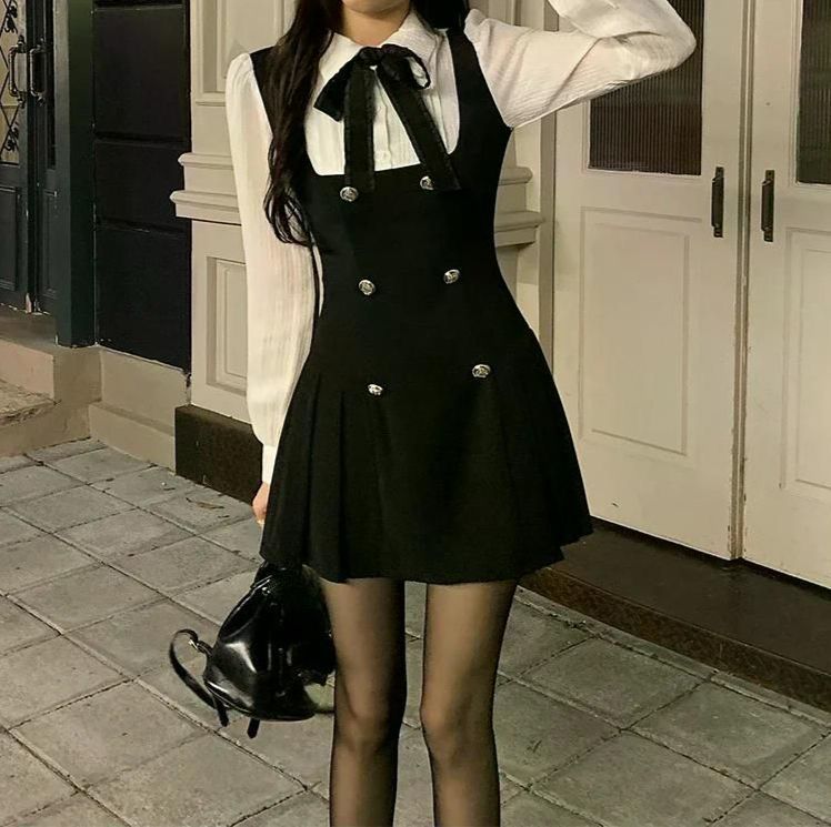 여친룩 데이트룩 긴 소매 리본 슬림 드레스 캐주얼 미니 짧은 파티 페이크 투피스 우아한 Mini dress S