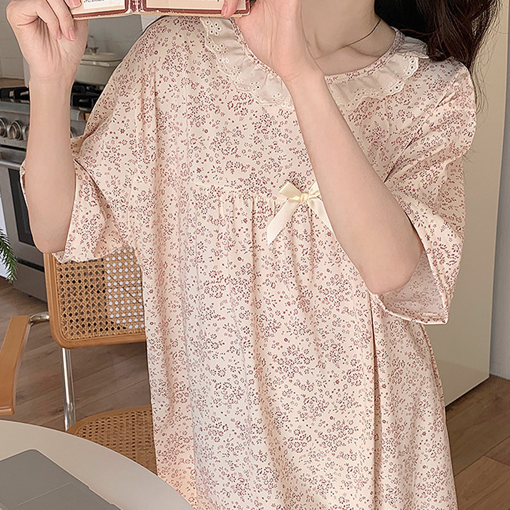 잔꽃 꽃무늬 플라워 원피스 홈웨어 잠옷 아이보리 - 상품 이미지