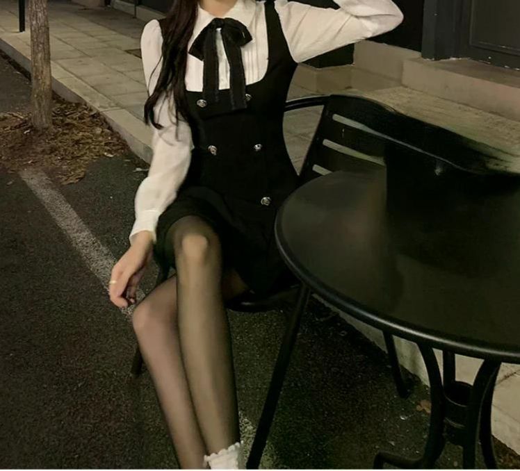 여친룩 데이트룩 긴 소매 리본 슬림 드레스 캐주얼 미니 짧은 파티 페이크 투피스 우아한 Mini dress S