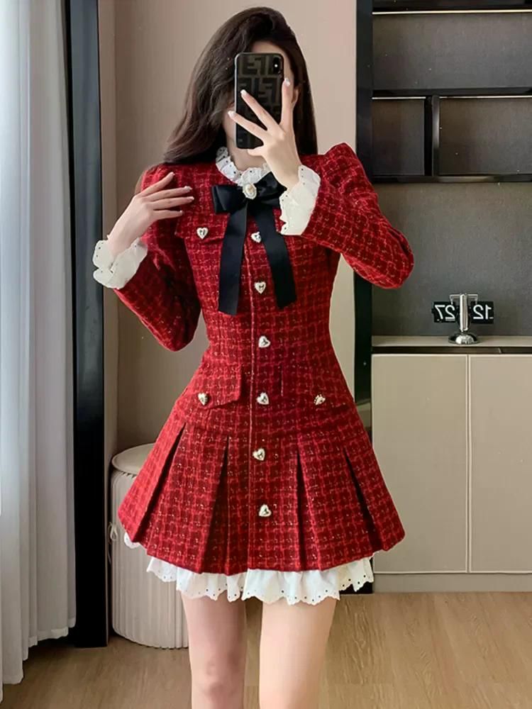 프렌치 라이트 럭셔리 트위드 플리츠 원피스 긴팔 하트 모양 버클 프릴 시크한 오피스 레이디 빈티지 드레스 한국 스위트 Red S - 상세 이미지 2