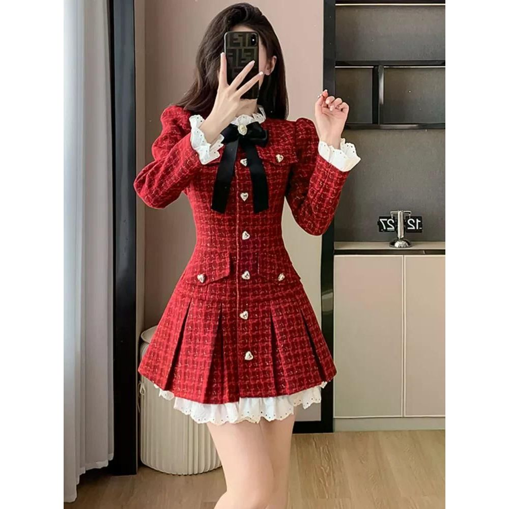 프렌치 라이트 럭셔리 트위드 플리츠 원피스 긴팔 하트 모양 버클 프릴 시크한 오피스 레이디 빈티지 드레스 한국 스위트 Red S