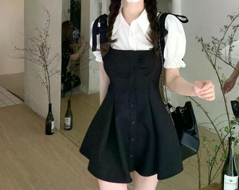 여친룩 데이트룩 여성용 투피스 블랙 캐주얼 미니 드레스 스타일 대학 심플 트렌디 여름 고스 섹시한 파티 원피스 블랙 원피스 S (40-47KG) - 상세 이미지 2