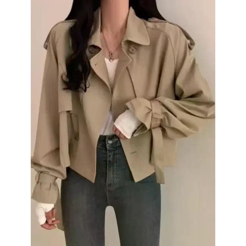 여친룩 데이트룩 웨스턴 짧은 트렌치 코트 이른 가을 겉옷 여성 확대 작은 느슨한 슬리밍 탑 블랙 S (49.5kg 미만) - 메인 이미지