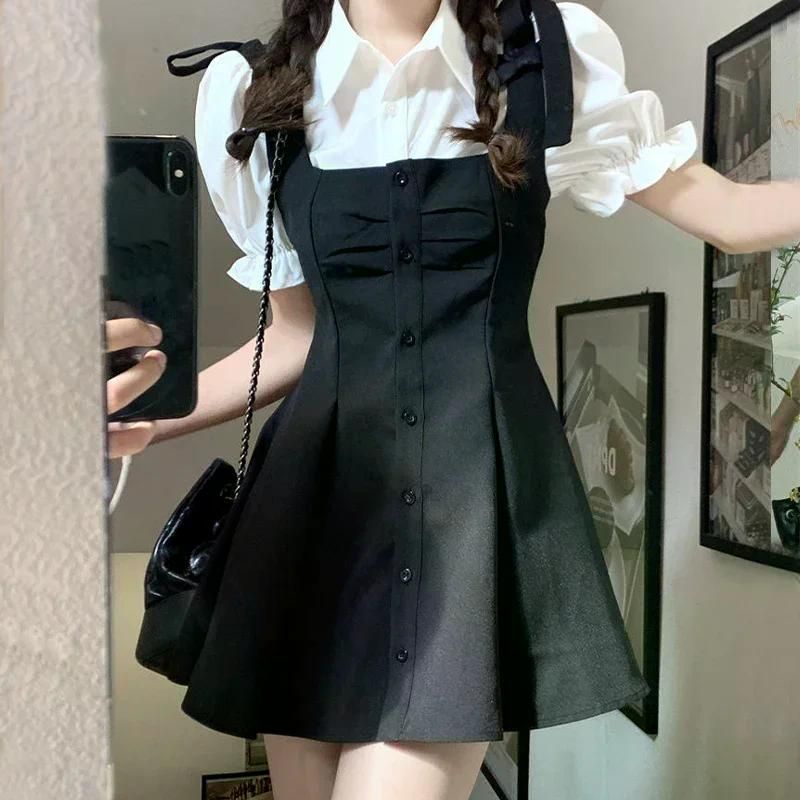 여친룩 데이트룩 여성용 투피스 블랙 캐주얼 미니 드레스 스타일 대학 심플 트렌디 여름 고스 섹시한 파티 원피스 블랙 원피스 S (40-47KG) - 상품 이미지