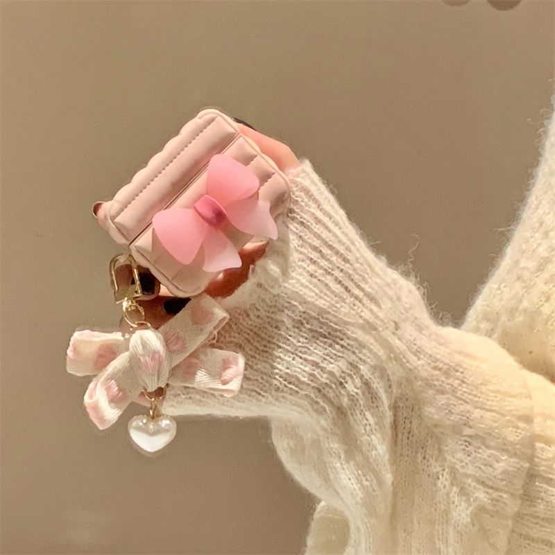 에어팟 프로2 케이스 왕리본 핑크 가죽 커버 스트랩 다운재킷핑크리본+핑크서클 Apple Airpods 1/2세대 - 상세 이미지 4