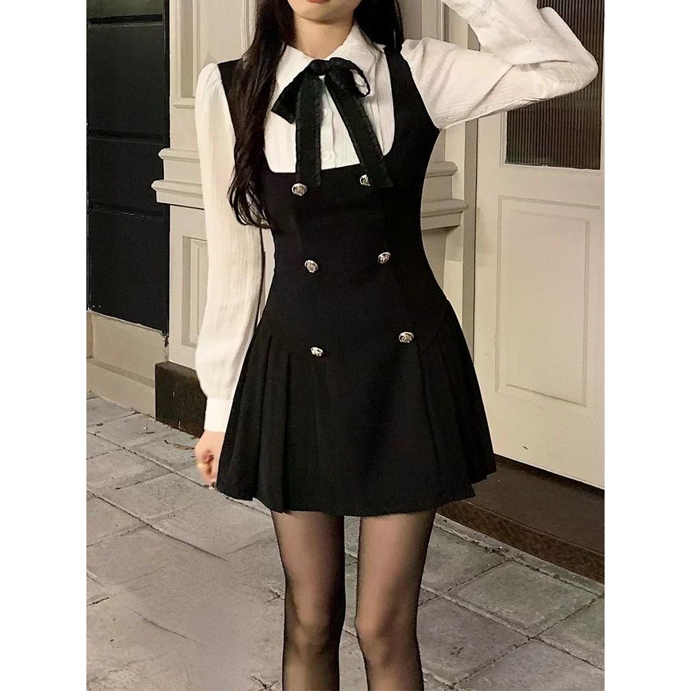 여친룩 데이트룩 긴 소매 리본 슬림 드레스 캐주얼 미니 짧은 파티 페이크 투피스 우아한 Mini dress S