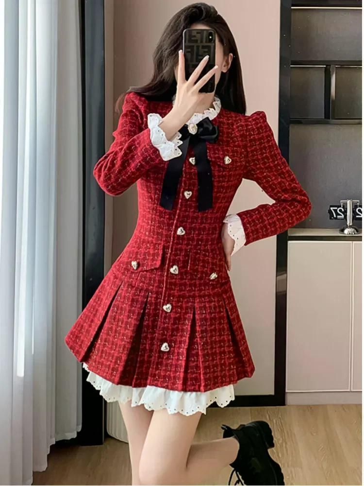 프렌치 라이트 럭셔리 트위드 플리츠 원피스 긴팔 하트 모양 버클 프릴 시크한 오피스 레이디 빈티지 드레스 한국 스위트 Red S - 상세 이미지 3